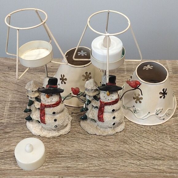 VTG Set of 2 Christmas Ceramic Snowman Metal Shade Tealight Holders - Picture 10 of 16